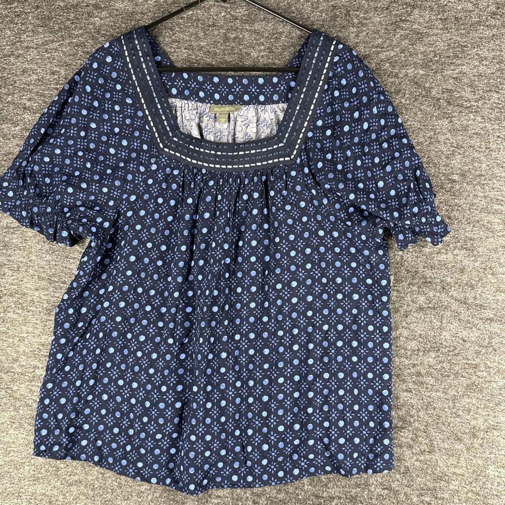 Style & Co. Blouse Women L Large Blue Geometric Short Sleeve Square Neck Rayon